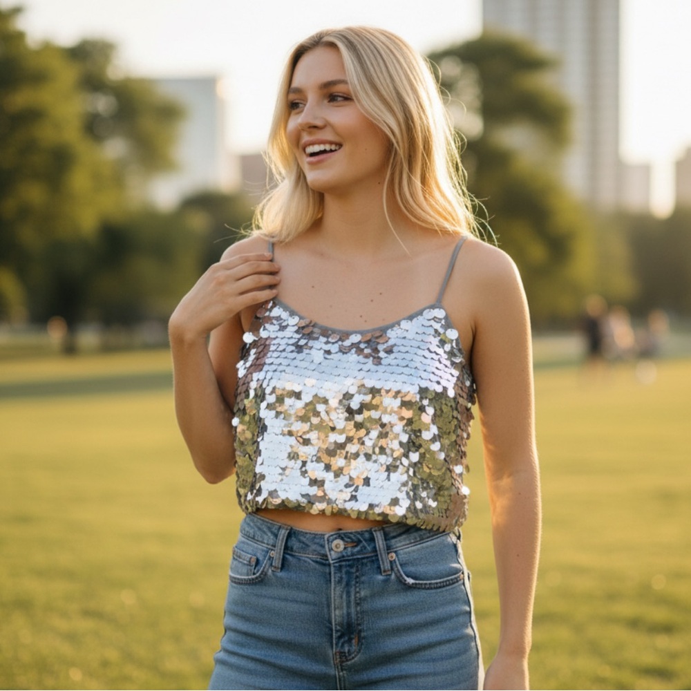 Wild Fable Women’s Silver Sequin Crop Top Size S